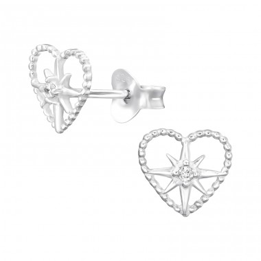 Starburst Heart - 925 Sterling Silver Ear Studs With Zirconia Stones A4S46305
