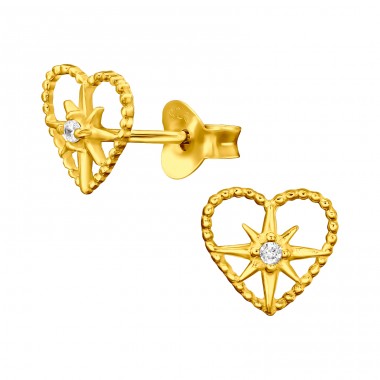 Golden Starburst Heart - 925 Sterling Silver Ear Studs With Zirconia Stones A4S46306
