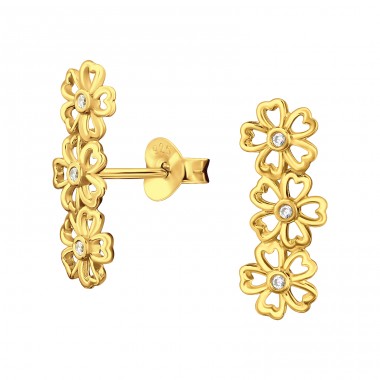 Golden Flowers with Zirconia - 925 Sterling Silver Ear Studs With Zirconia Stones A4S46918