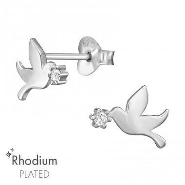 Bird with Zirconia - 925 Sterling Silver Ear Studs With Zirconia Stones A4S47176