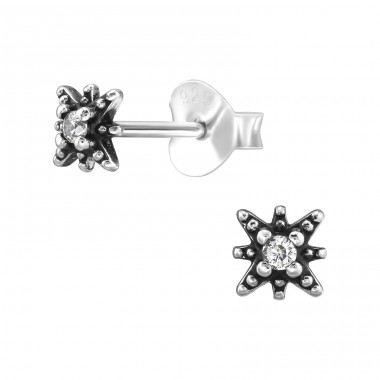 Starburst with Zirconia - 925 Sterling Silver Ear Studs With Zirconia Stones A4S47844