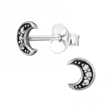 Moon with Zirconia - 925 Sterling Silver Ear Studs With Zirconia Stones A4S47846