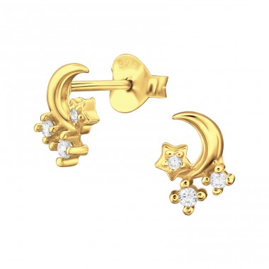 Goldener Mond Und Sterne - 925Er Silber Ohrstecker Mit Zirkonia Steinen A4S48299