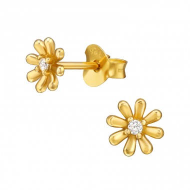 Golden Flower with Zirconia - 925 Sterling Silver Ear Studs With Zirconia Stones A4S49056