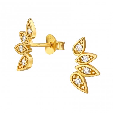 Golden Leaf with Zirconia - 925 Sterling Silver Ear Studs With Zirconia Stones A4S49059