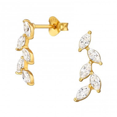 Golden Olive Leaf with Zirconia - 925 Sterling Silver Ear Studs With Zirconia Stones A4S49060