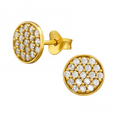 Golden Round with Zirconia - 925 Sterling Silver Ear Studs With Zirconia Stones A4S49061
