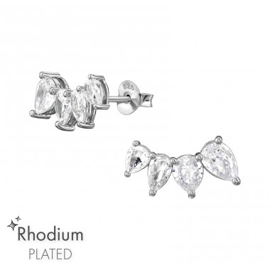 Curved Row with Zirconia - 925 Sterling Silver Ear Studs With Zirconia Stones A4S49158