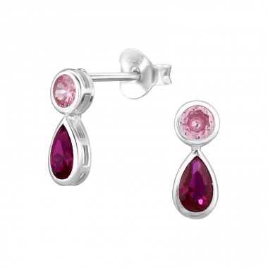 Teardrop And Circle  with Zirconia - 925 Sterling Silver Ear Studs With Zirconia Stones A4S49286