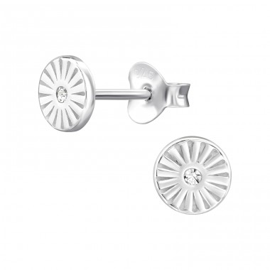 Patterned Disc with Zirconia - 925 Sterling Silver Ear Studs With Zirconia Stones A4S49287