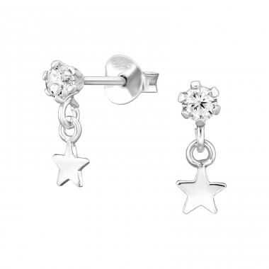 Round with Dangling Star and Zirconia - 925 Sterling Silver Ear Studs With Zirconia Stones A4S49384