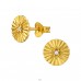 Golden Round Patterned Disc with Zirconia - 925 Sterling Silver Ear Studs With Zirconia Stones A4S49398