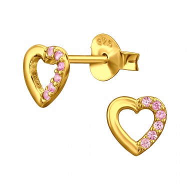 Golden Heart with Zirconia - 925 Sterling Silver Ear Studs With Zirconia Stones A4S49493