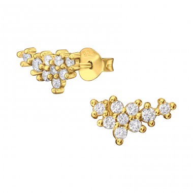 Golden Flower with Zirconia - 925 Sterling Silver Ear Studs With Zirconia Stones A4S49495