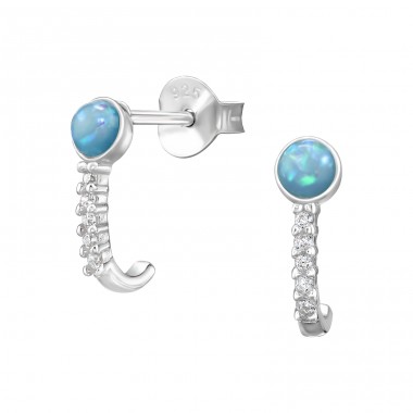 Curved with Zirconia and Opal - 925 Sterling Silver Ear Studs With Zirconia Stones A4S49499