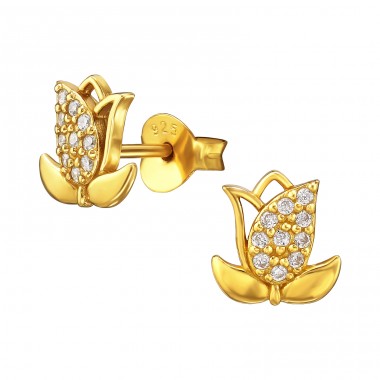 Golden Tulip Flower - 925 Sterling Silver Ear Studs With Zirconia Stones A4S49508