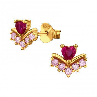 Golden Heart Shape with Zirconia - 925 Sterling Silver Ear Studs With Zirconia Stones A4S49512