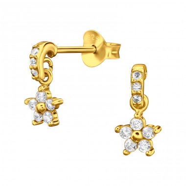 Golden Dangling Flower with Zirconia - 925 Sterling Silver Ear Studs With Zirconia Stones A4S49519
