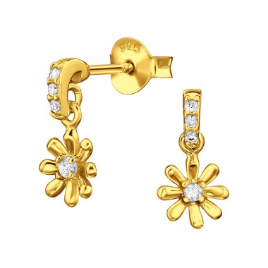 Golden Dangling Sunflower with Zirconia - 925 Sterling Silver Ear Studs With Zirconia Stones A4S49523