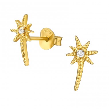 Golden Falling Star with Zircon - 925 Sterling Silver Ear Studs With Zirconia Stones A4S49587