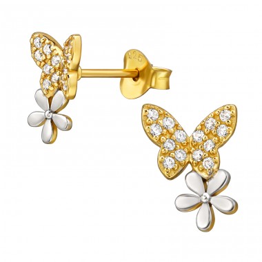 Fluturasi aurii si floricele cu zirconiu - Argint 925 Cercei Cu Zirconiu Și Șurub A4S49684