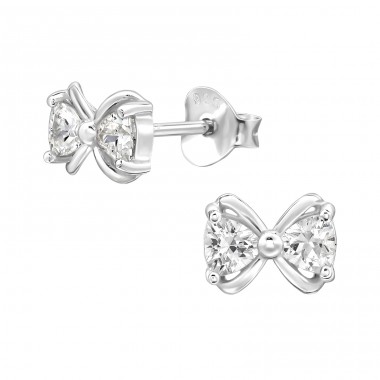 Bow with Zirconia - 925 Sterling Silver Ear Studs With Zirconia Stones A4S49692