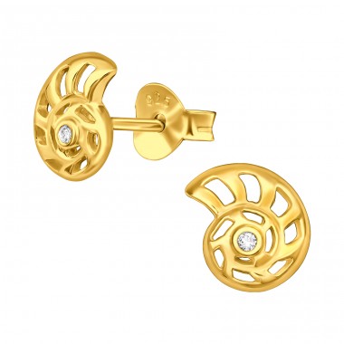 Golden Shell with Zirconia - 925 Sterling Silver Ear Studs With Zirconia Stones A4S49724