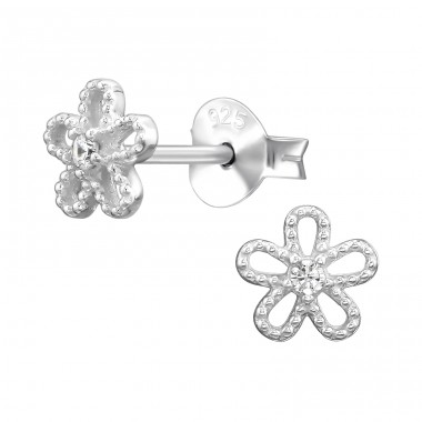 6 mm Flower with Zirconia - 925 Sterling Silver Ear Studs With Zirconia Stones A4S49902