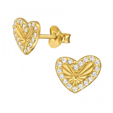 Golden Irregular Shaped Heart with Zirconia - 925 Sterling Silver Ear Studs With Zirconia Stones A4S49996