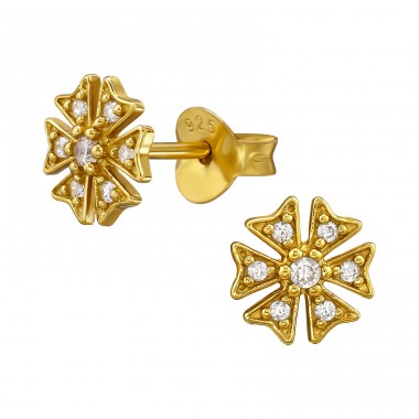 7 mm Golden Flower with Zirconia - 925 Sterling Silver Ear Studs With Zirconia Stones A4S50185