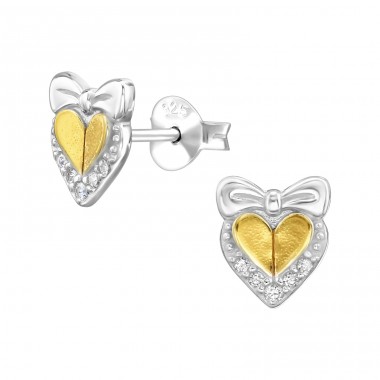 Heart With Bow and Zirconia - 925 Sterling Silver Ear Studs With Zirconia Stones A4S50263