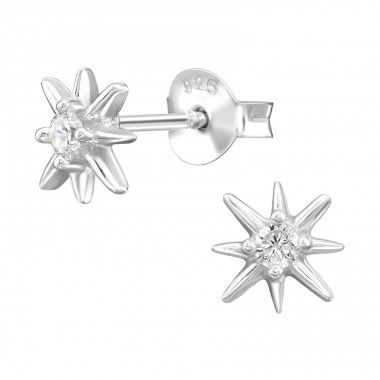 7 mm Eight-Pointed Star - 925 Sterling Silver Ear Studs With Zirconia Stones A4S50273
