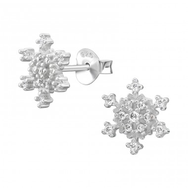 9 mm Snowflake with Zirconia - 925 Sterling Silver Ear Studs With Zirconia Stones A4S50276