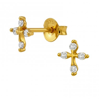  Cross with Zirconia, Gold-Plated - 925 Sterling Silver Ear Studs With Zirconia Stones A4S50718