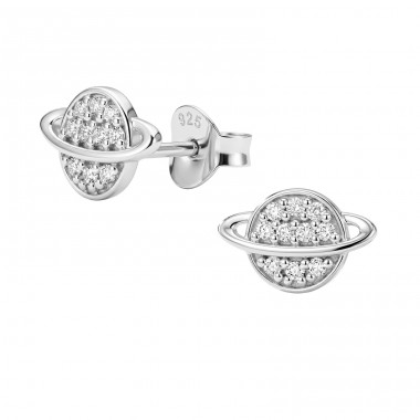 10 mm Saturn with Zirconia - 925 Sterling Silver Ear Studs With Zirconia Stones A4S50995