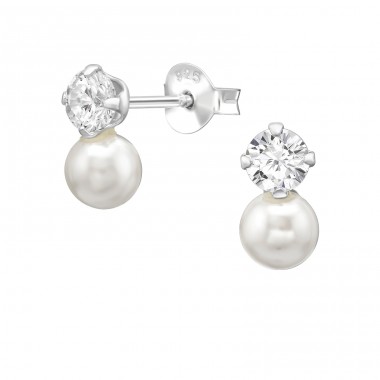 4mm Round  Zirconia with 5mm Imitation Pearl - 925 Sterling Silver Ear Studs With Zirconia Stones A4S51198