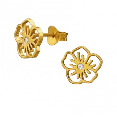 10 mm Cut Out Style Flower with Zirconia, Gold Plated - 925 Sterling Silver Ear Studs With Zirconia Stones A4S51219