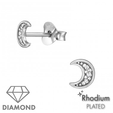 Moon rhodium plated with Diamonds - 925 Sterling Silver Diamond Ear Studs A4S49860