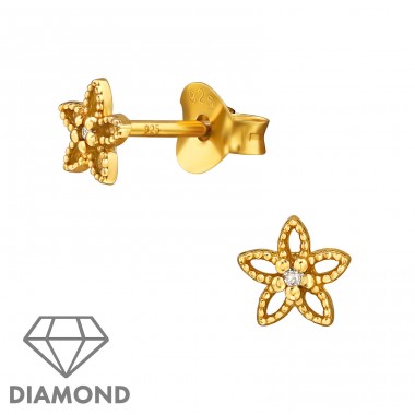 Floare aurie cu diamant - Argint 925 Cercei Cu Diamante A4S49861