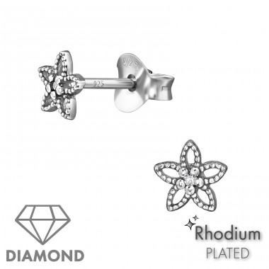 Floare placata cu rodiu si diamant - Argint 925 Cercei Cu Diamante A4S49862