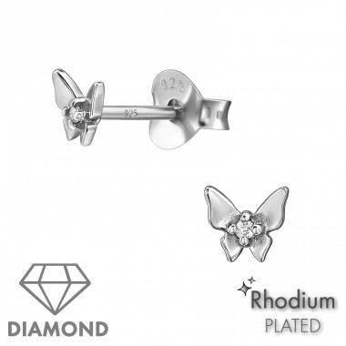 Motýl rodiovaný s diamantem - Šperkovní Stříbro 925 Diamond Ear Studs A4S49868