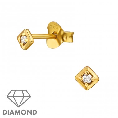 Pătrat 3mm auriu cu diamant - Argint 925 Cercei Cu Diamante A4S49877