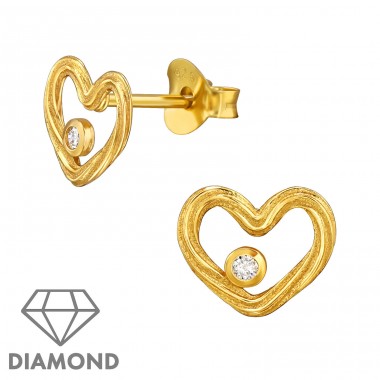 Srdce pozlacené s diamantem - Šperkovní Stříbro 925 Diamond Ear Studs A4S49881