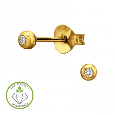 3 mm-Es Gyöngy Gyémánttal, Aranyozva - 925 Ezüst Gyémánt Fülbevalók A4S51318