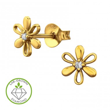 Floare aurie cu diamant - Argint 925 Cercei Cu Diamante A4S51330