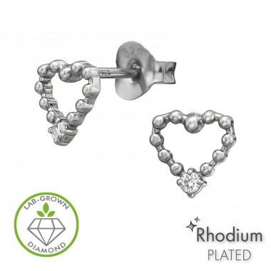 Nyitott Gyöngyös Szív Ródiummal Bevonva - 925 Ezüst Gyémánt Fülbevalók A4S51498