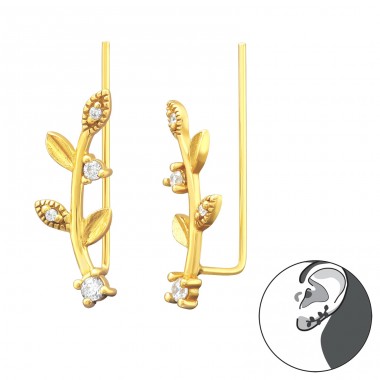 Golden Leaf with zirconia - 925 Sterling Silver Ear Cuffs And Ear Pins A4S43289
