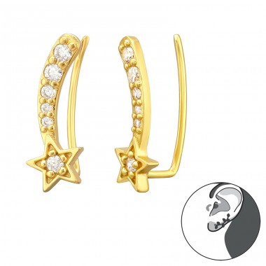 Golden Shooting Star - 925 Sterling Silver Ear Cuffs And Ear Pins A4S43294