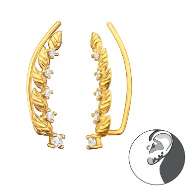 Gold plated leaf with zirconias - 925 Sterling Silver Ear Cuffs And Ear Pins A4S44620