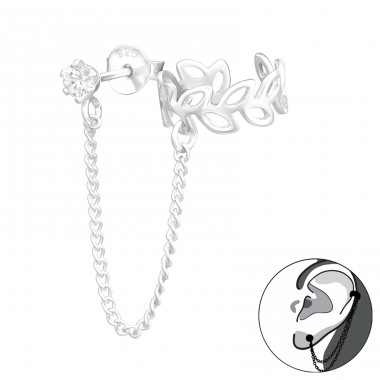 Leaves ear cuf with chain to stud - 925 Sterling Silver Ear Studs With Zirconia Stones A4S42265